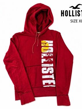 Hollister XL Y2K Red Distressed Spell Out Graphic Hoodie 2000s Surf